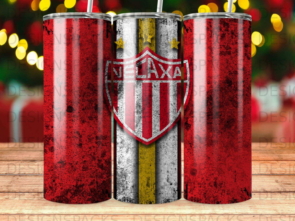 Three red and white tumblers with a yellow striped shield logo for "VELAXA".