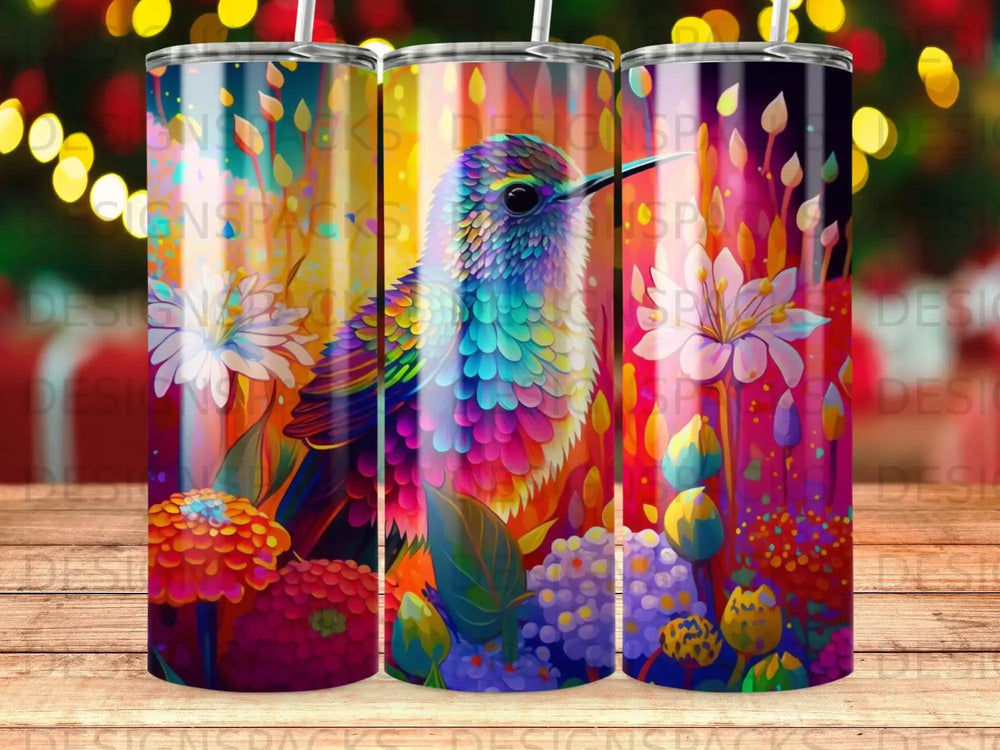 Hummingbird with colorful flowers and bokeh lights, digital art on tumblers.