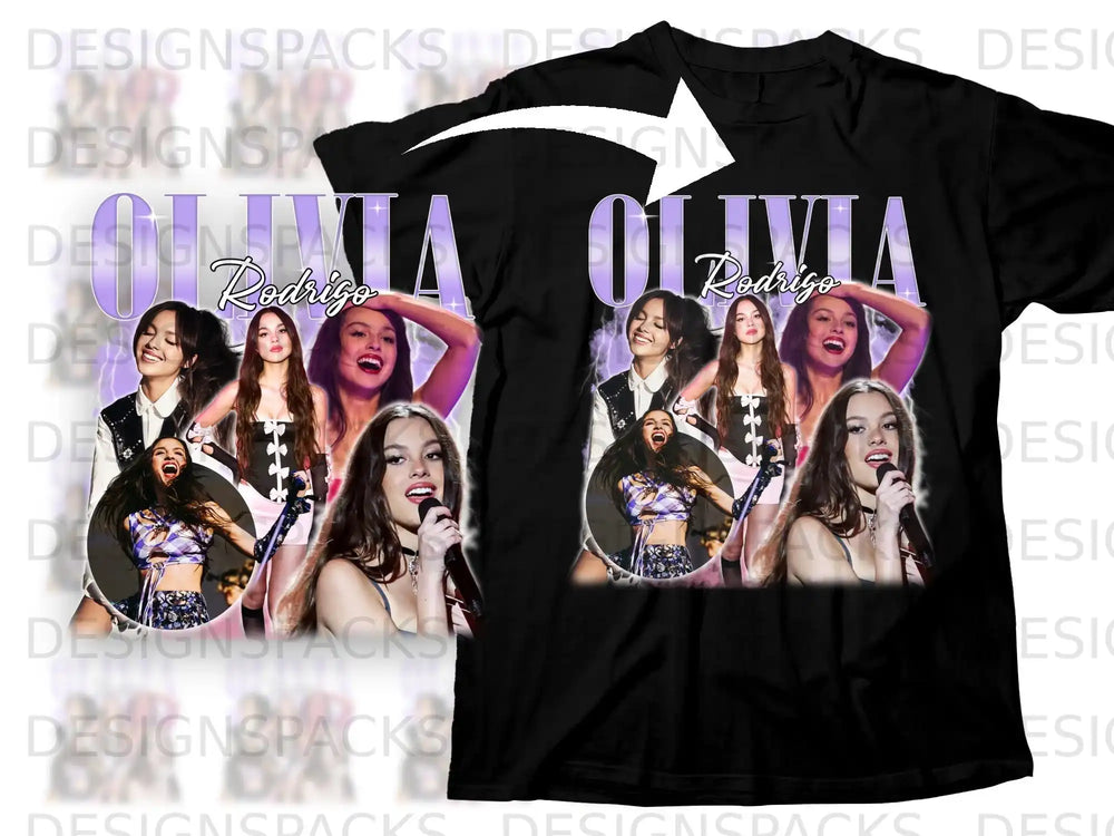 Black t-shirt with collage of Olivia Rodrigo performing and her name in large font.
