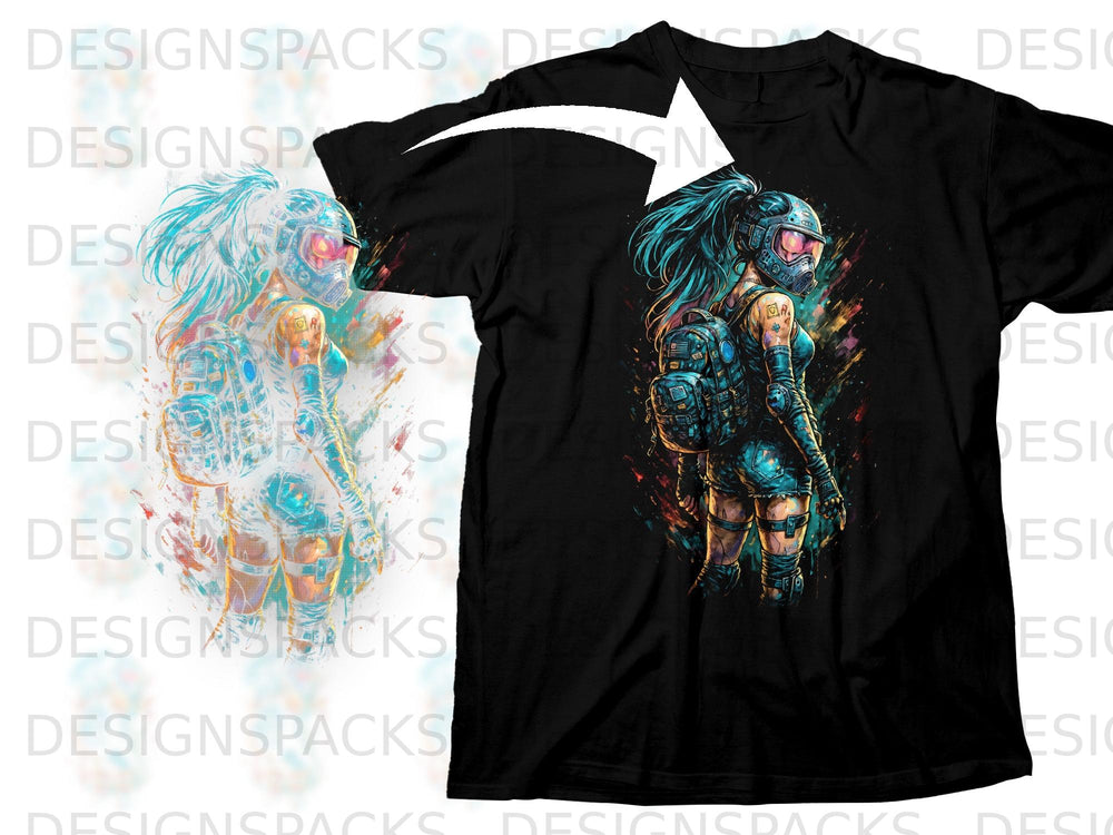 Black t-shirt featuring a vibrant cyberpunk warrior woman graphic with blue hair and a backpack.