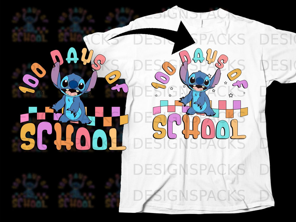 Stitch with "100 Days of School" text on a white t-shirt.