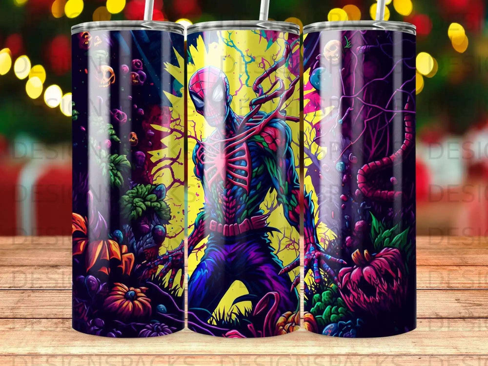 Spiderman in a dark forest with jack-o'-lanterns and spooky plants.