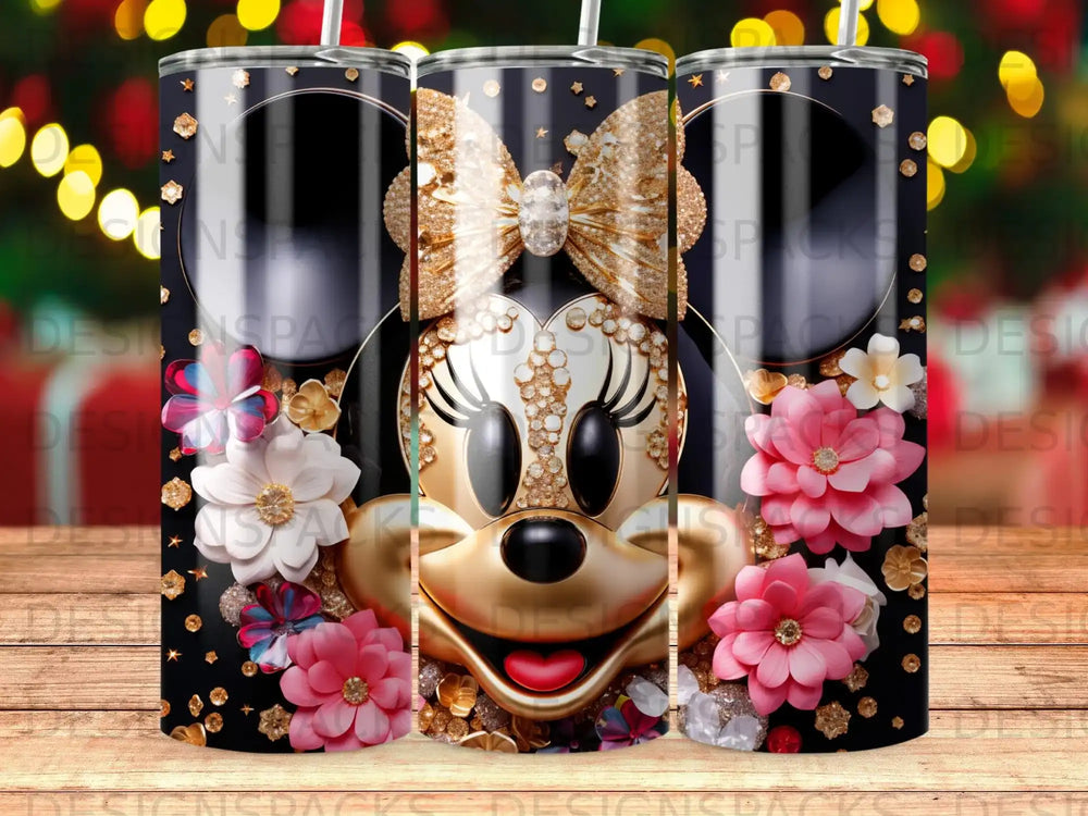 Minnie Mouse tumbler with sparkly bow, flowers, and black sequin pattern.