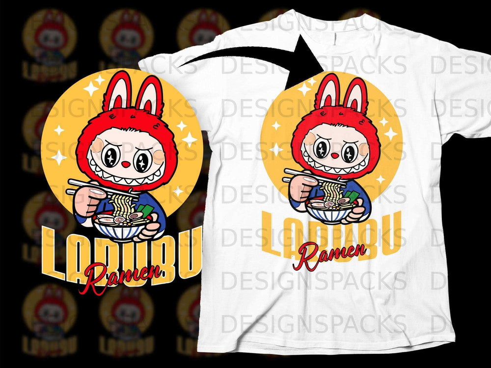 Cute Cartoon Rabbit Eating Ramen Graphic T-shirt