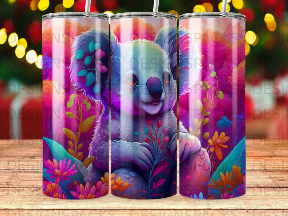 Koala holding colorful flowers and leaves against a vibrant, abstract floral background.