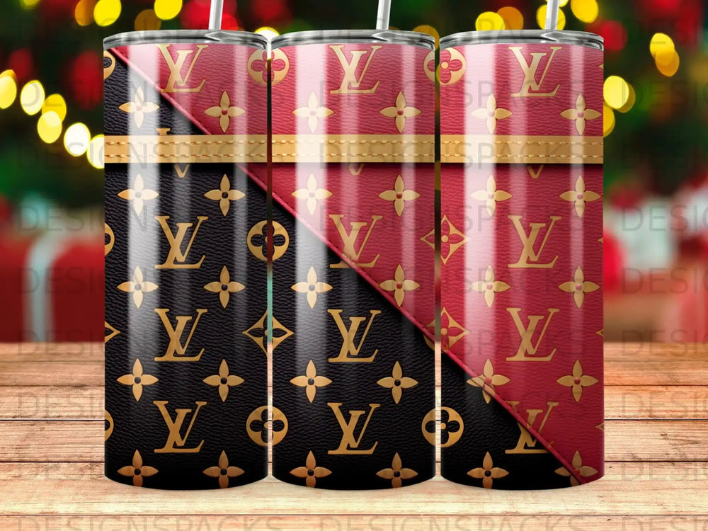 Brown and red designer pattern tumbler with gold accents.