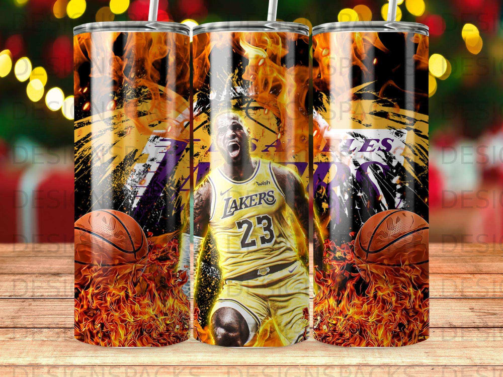 LeBron James in Lakers uniform engulfed in flames with basketballs.