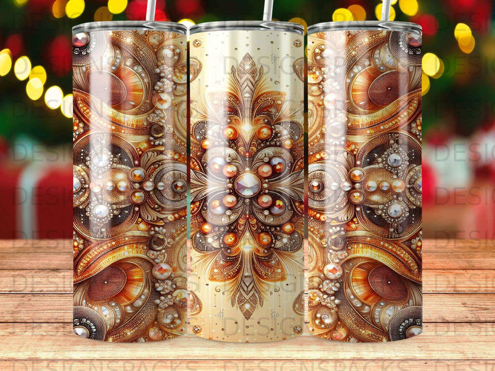 Ornate golden mandala pattern on a tumbler, with bokeh lights in the background.