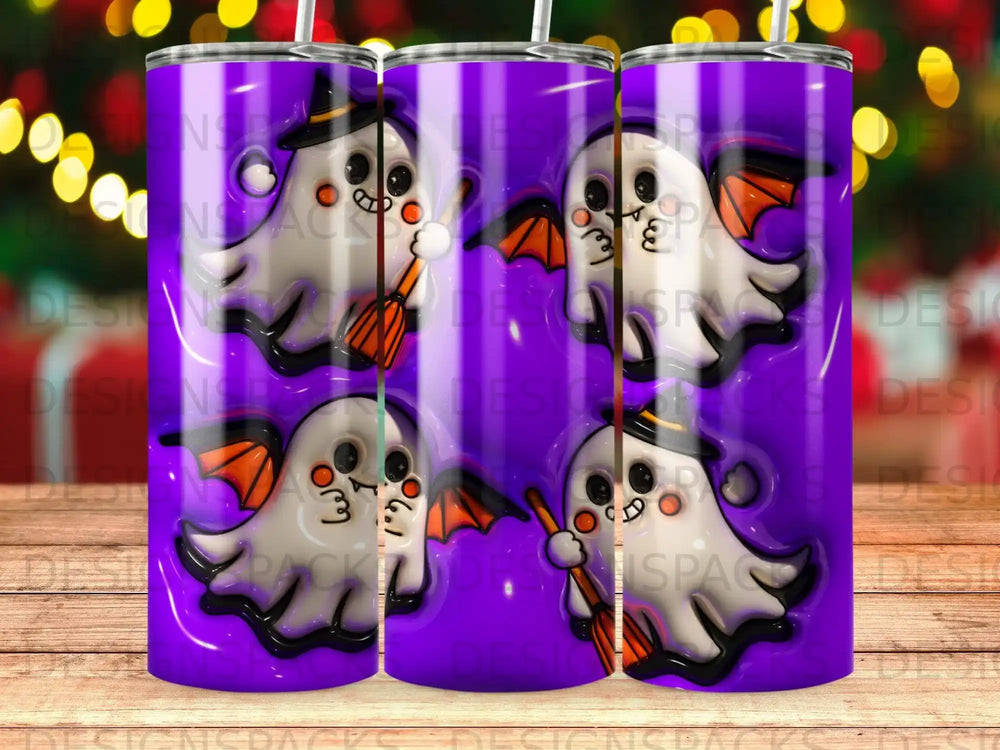 Purple tumbler with four repeating patterns of cute ghosts in Halloween costumes.