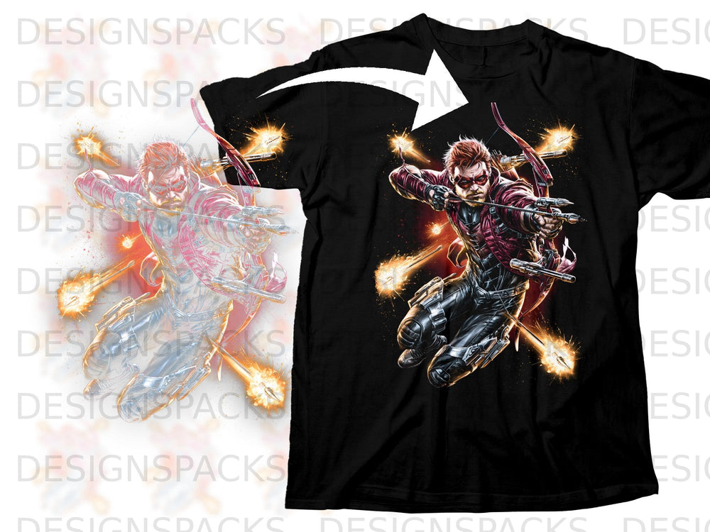 Black t-shirt featuring a comic book archer with arrows firing from bow.