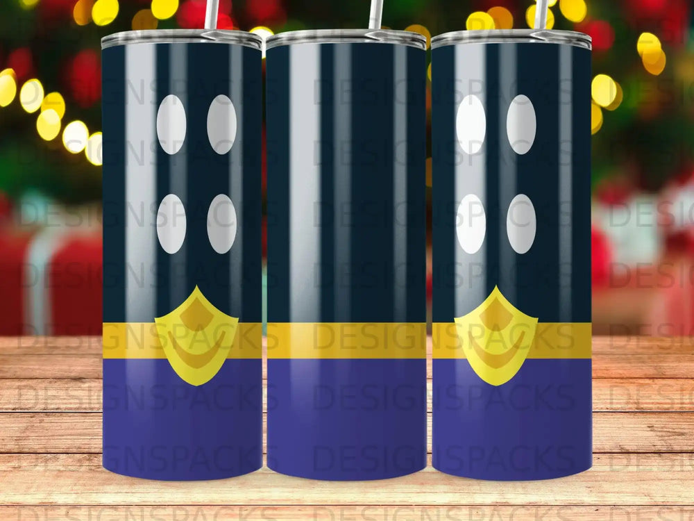 Three tumblers with dark blue and yellow patterned sleeves.
