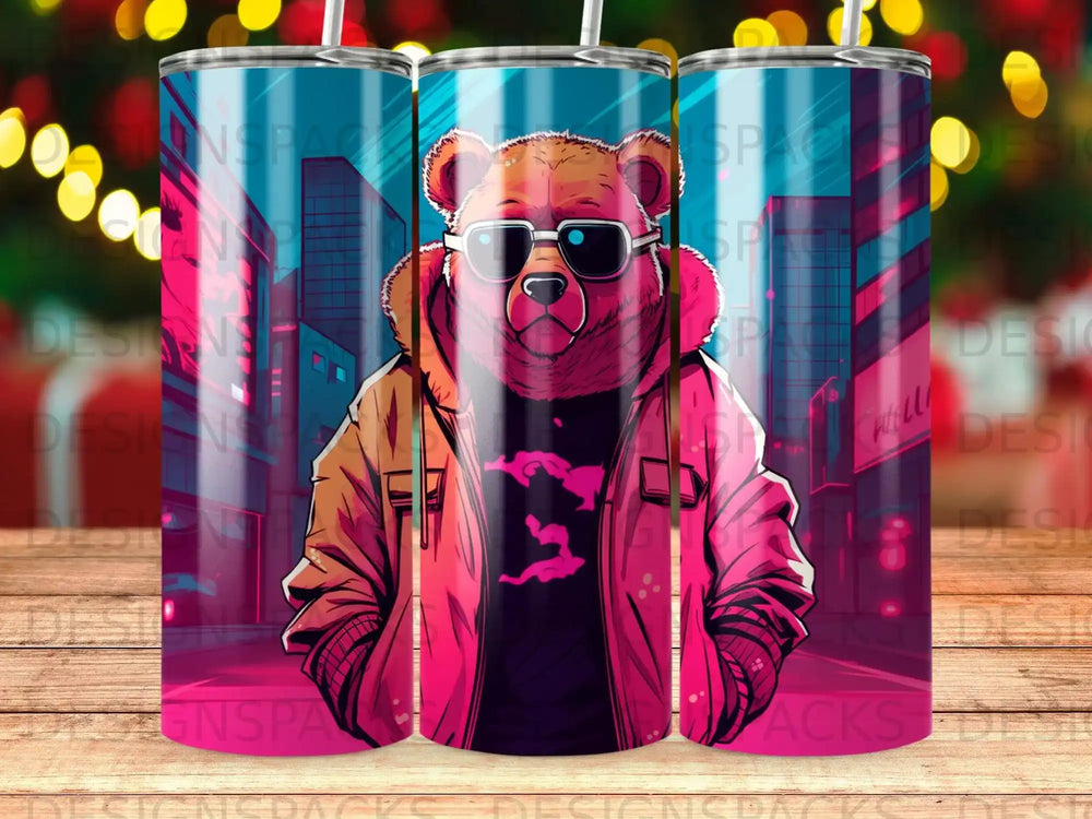 Bear wearing sunglasses and a jacket against a city backdrop.