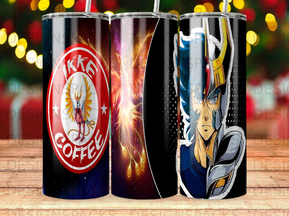 Phoenix logo with "Coffee" text and anime character on a tumbler.