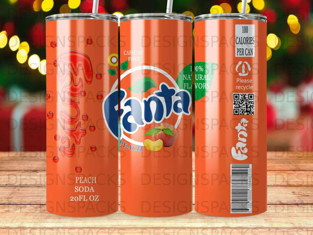 Fanta Peach Soda 20 fl oz can with nutritional information and recycle symbol.