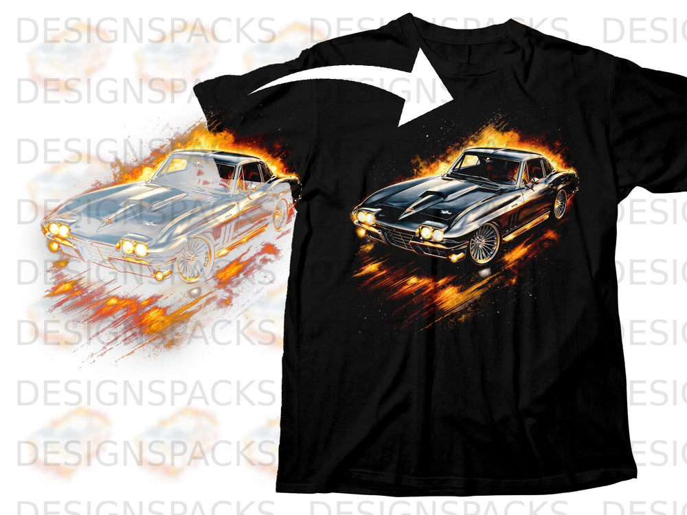 Black t-shirt with a dynamic graphic of a classic black car surrounded by flames.