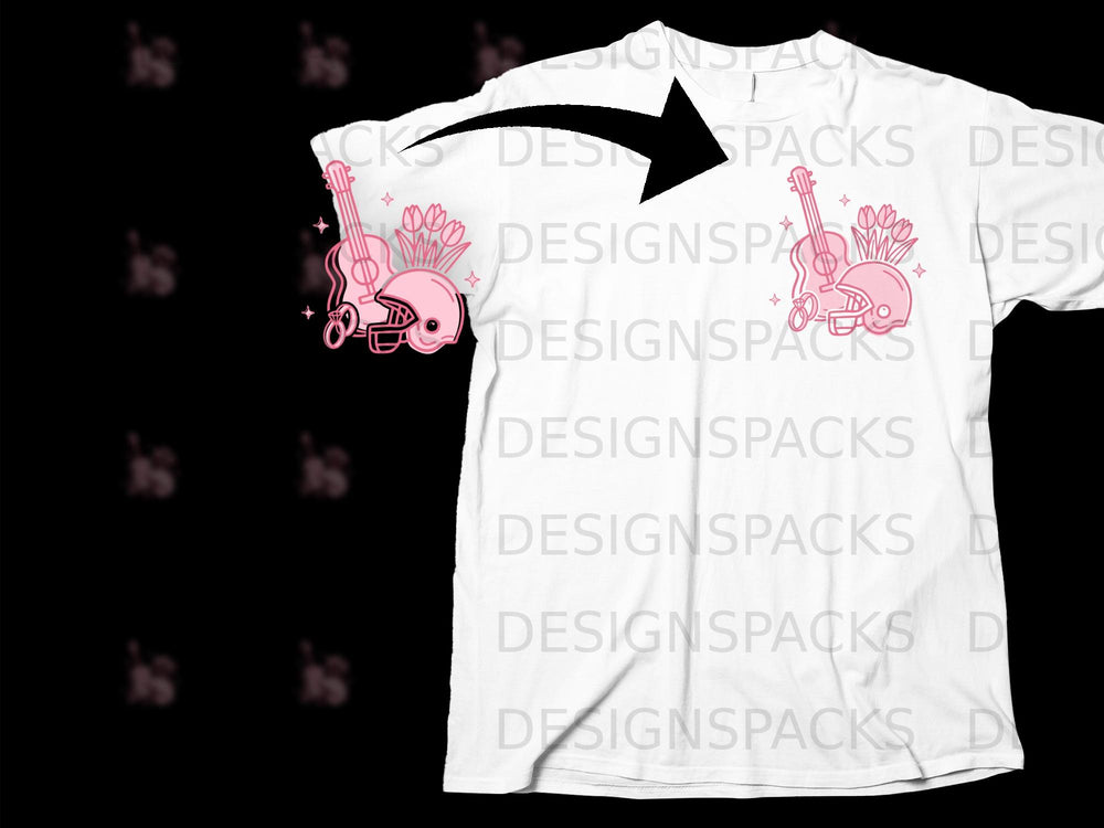Pink illustration of guitar, football helmet, and tulips on white t-shirt.