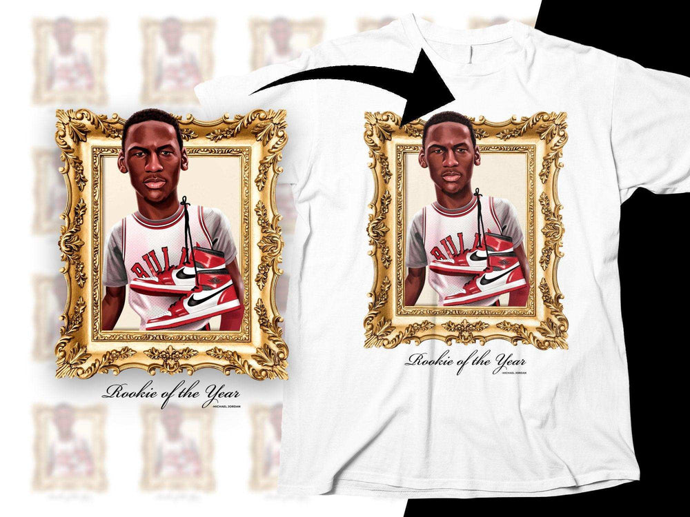 Michael Jordan Rookie of the Year t-shirt design with gold frame and red sneakers
