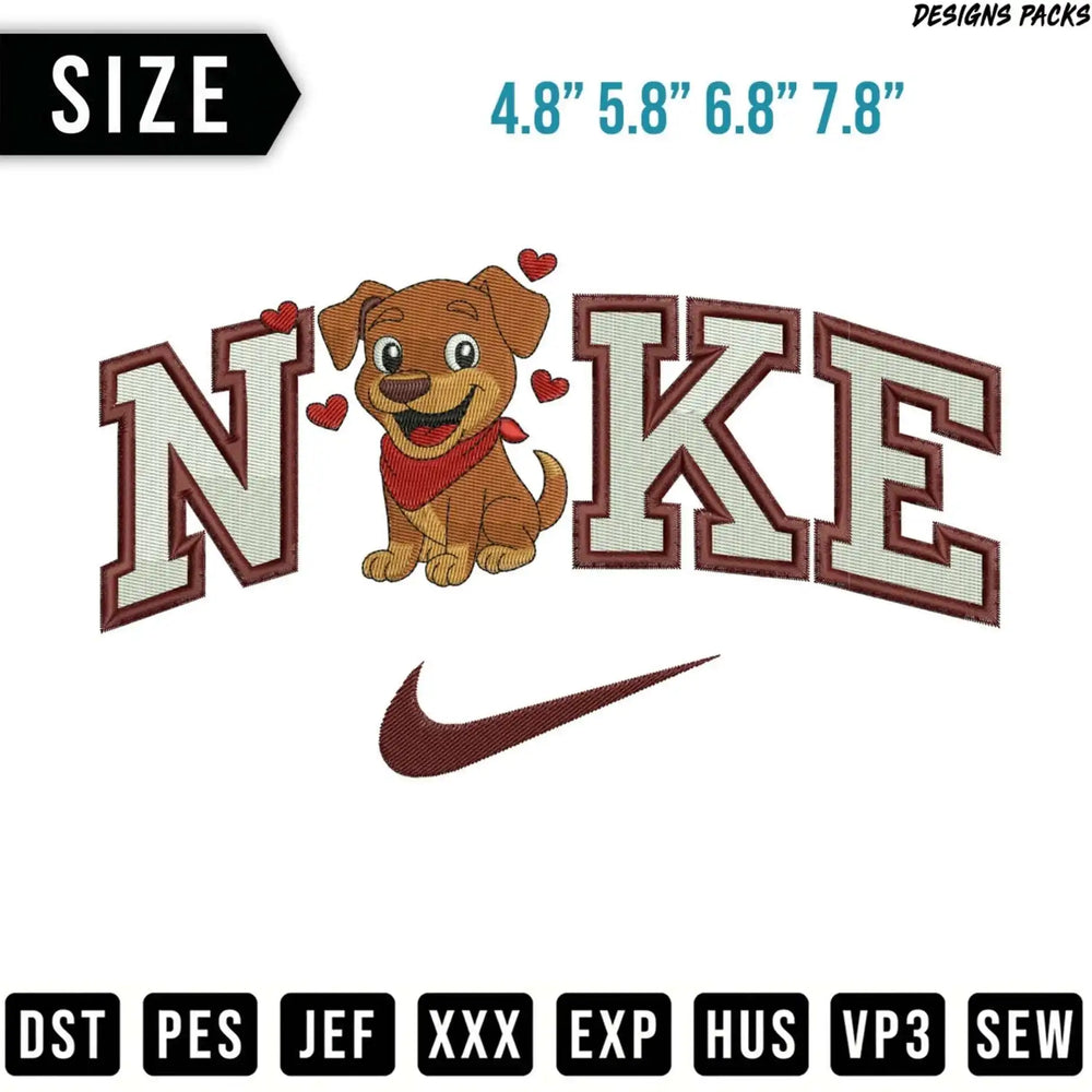 Embroidered Nike logo with cartoon dog, available in multiple sizes.