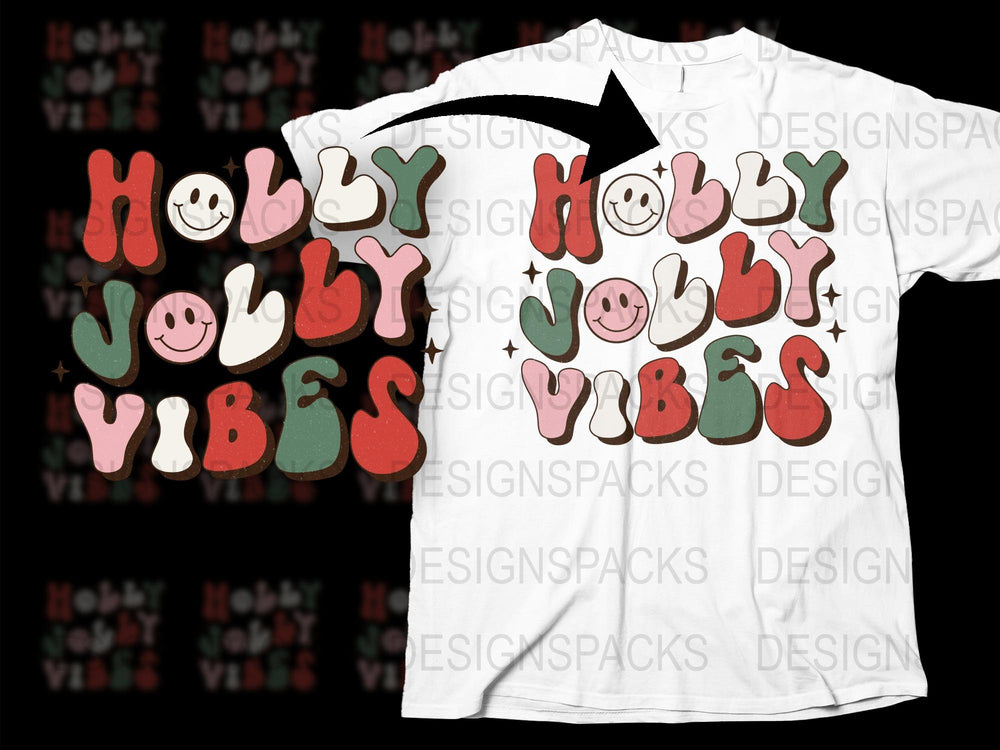 Holly Jolly Vibes T-Shirt, Colorful Christmas Holiday Graphic Tee, Festive Typography Shirt