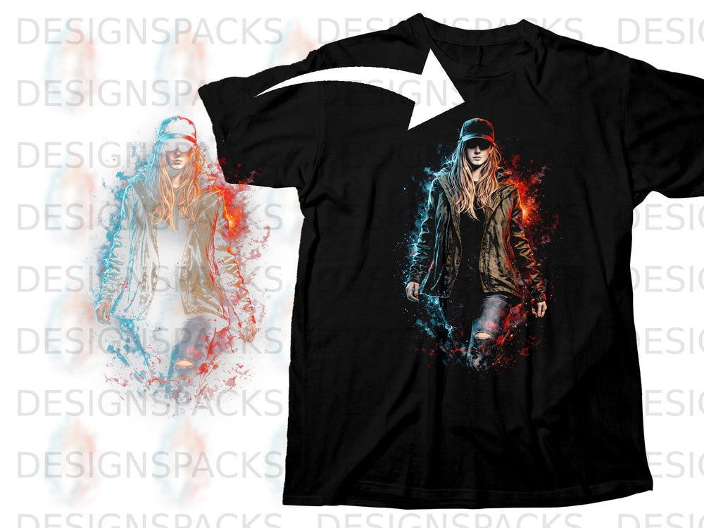 Black t-shirt with graphic of a woman with abstract fiery effects.