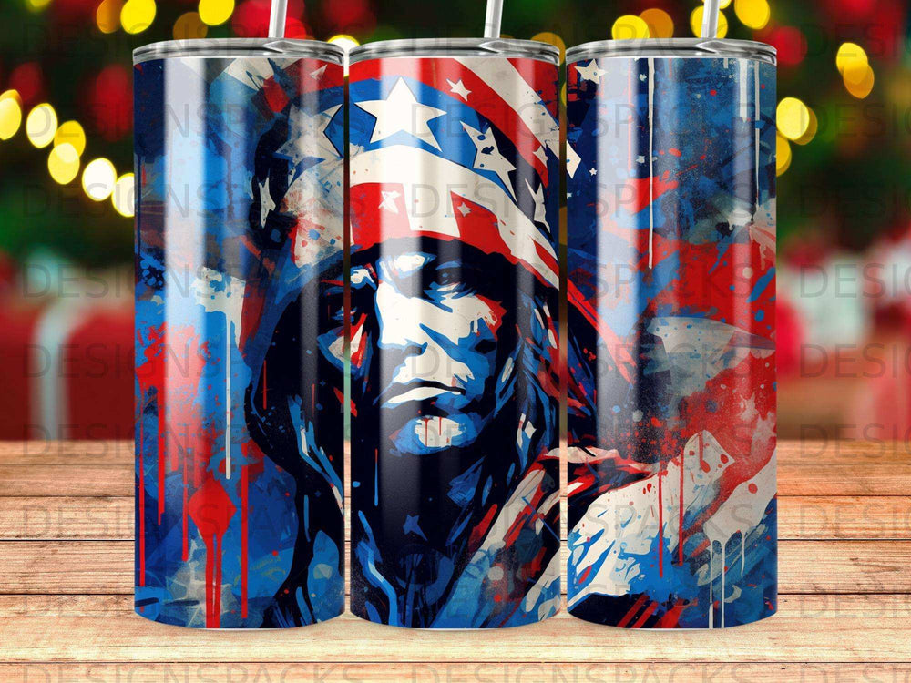 Triptych of tumblers featuring a patriotic watercolor portrait of a Native American man.