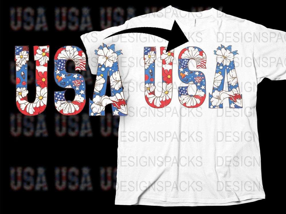 Patriotic USA T-Shirt with Floral Pattern, American Flag Colors, Unisex Summer Tee, 4th of July Outfit Idea