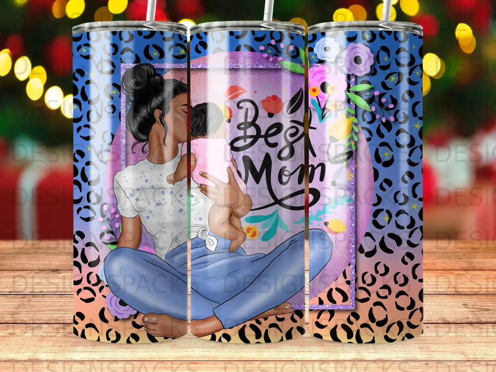 Mom holding baby with "Best Mom" text and floral leopard print design.