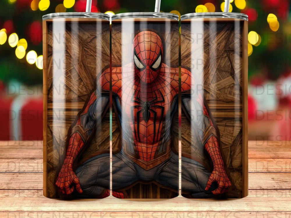 Spider-Man in a crouched pose against a wooden background.