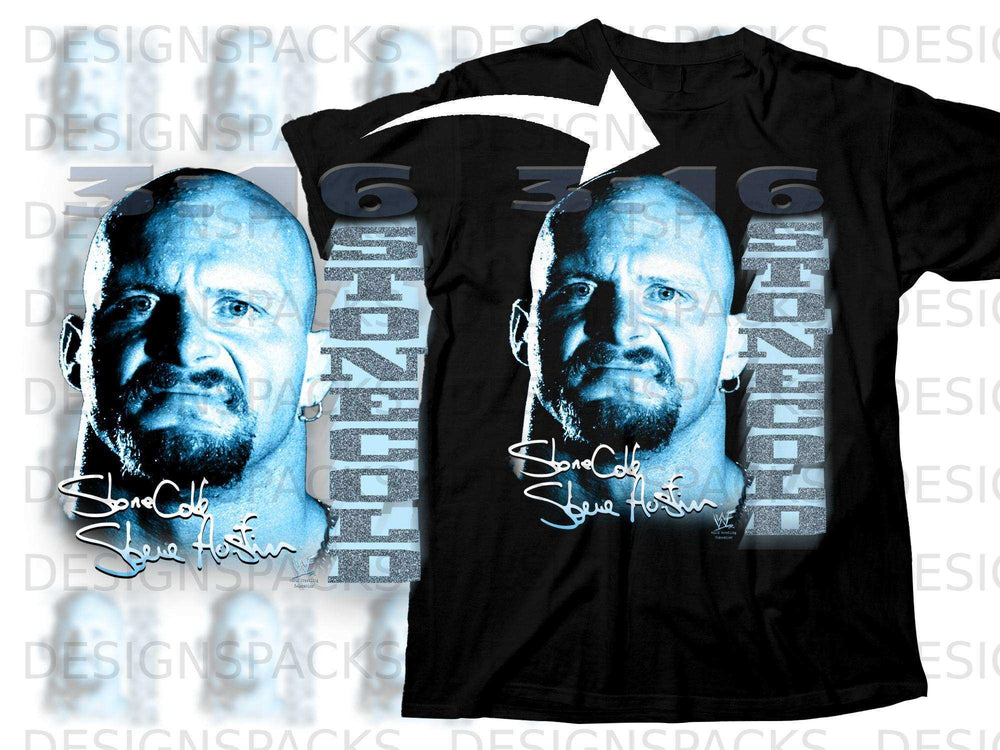 Black t-shirt with "Stone Cold Steve Austin" graphic and wrestling federation logo.