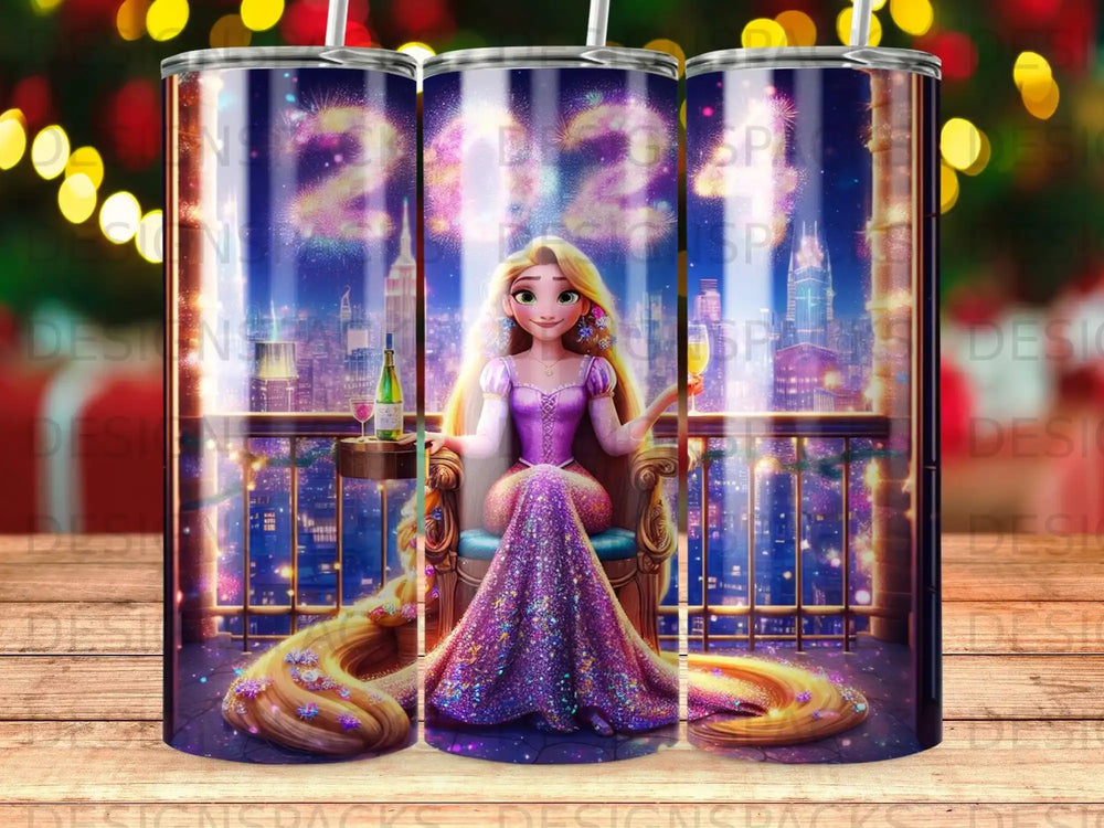Rapunzel sits in a sparkling purple chair with fireworks and city lights behind her.