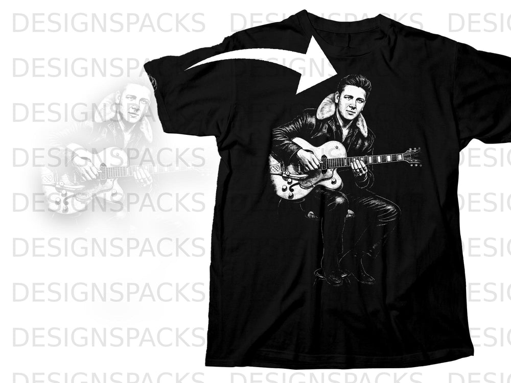 Black t-shirt featuring a seated man playing a guitar.