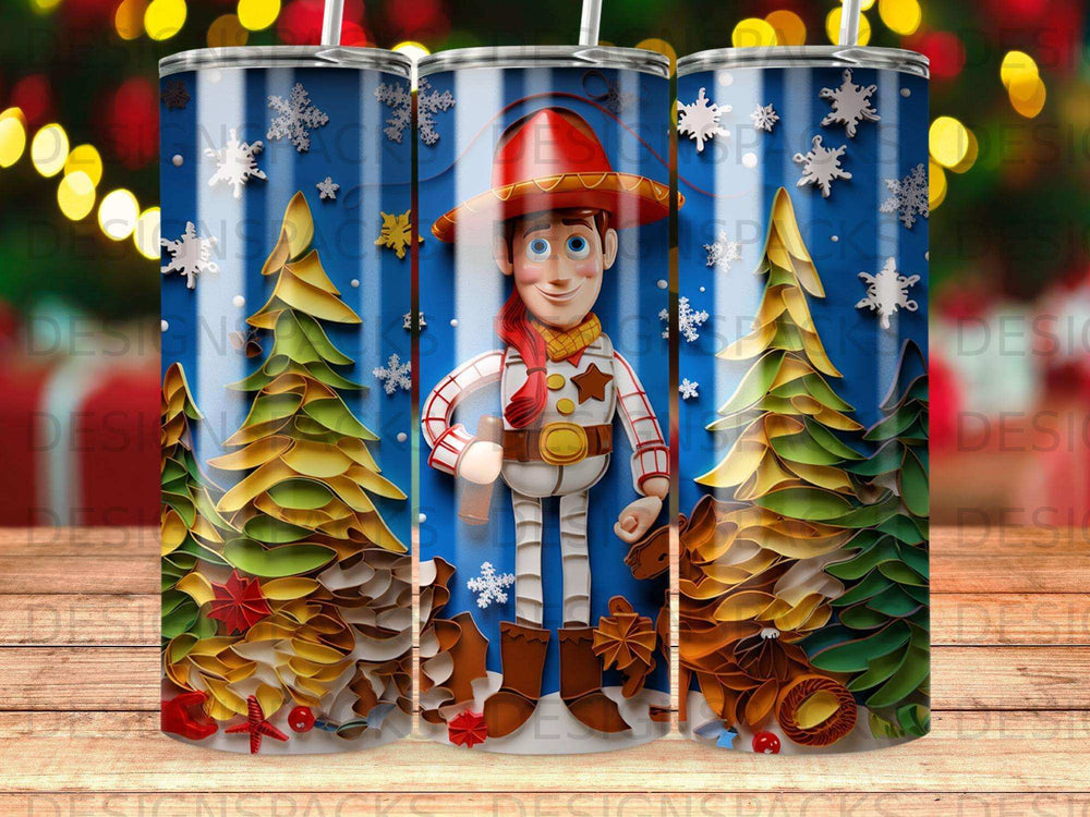 Woody from Toy Story stands between two stylized Christmas trees.