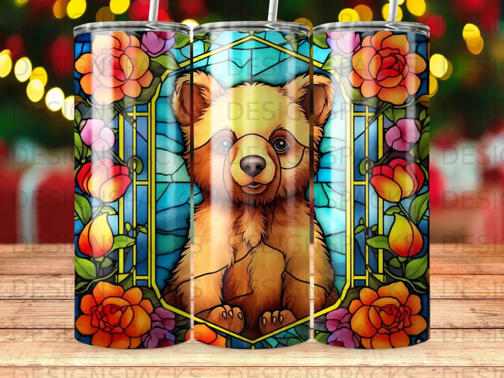 Bear with glasses surrounded by stained glass and floral motifs.