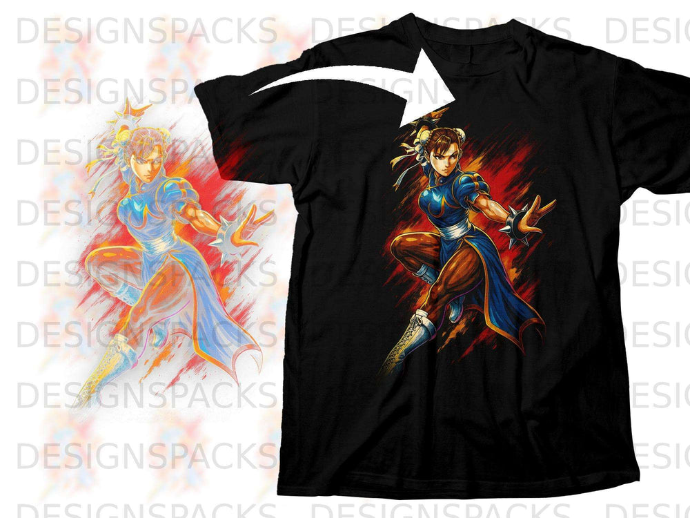 Black t-shirt with a stylized graphic of Chun-Li from Street Fighter in a dynamic pose.