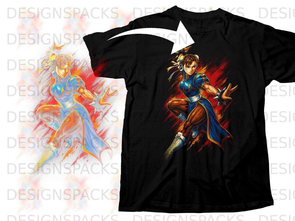 Black t-shirt with a stylized graphic of Chun-Li from Street Fighter in a dynamic pose.