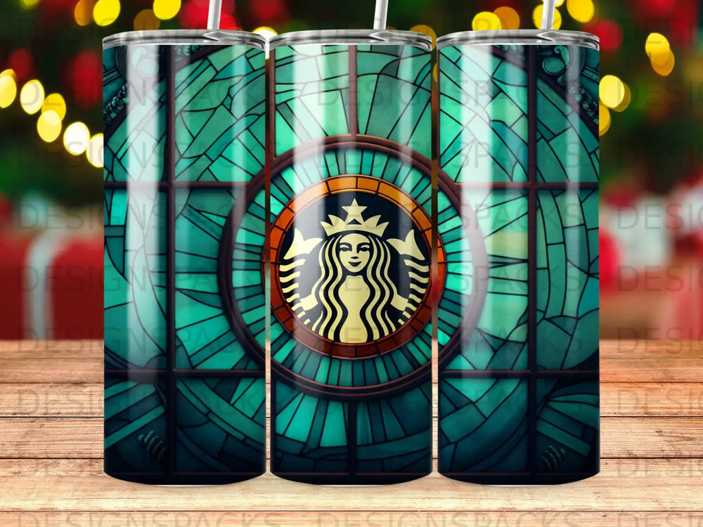 Starbucks logo in a stained glass window design.