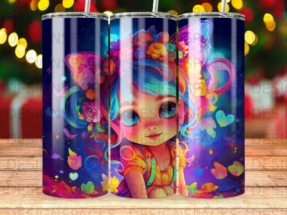 Colorful, whimsical cartoon girl with flowers in her hair, on a tumbler.