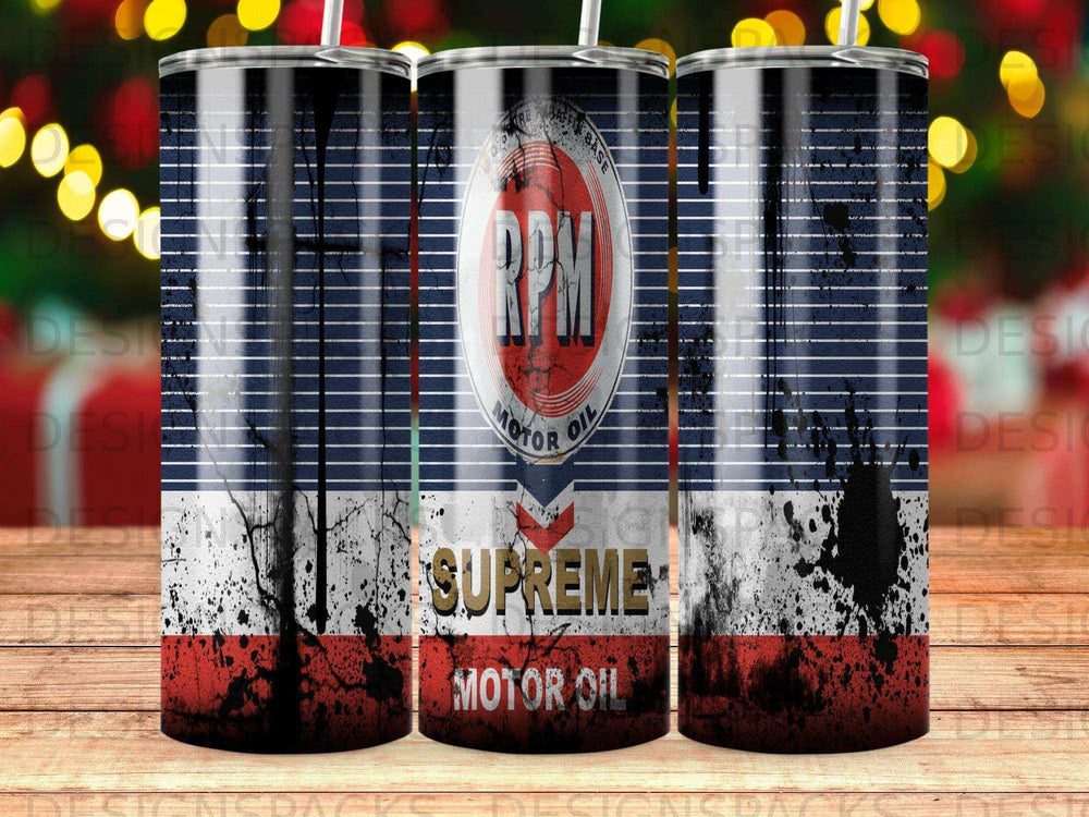RPM Motor Oil Supreme tumbler with vintage oil can design.