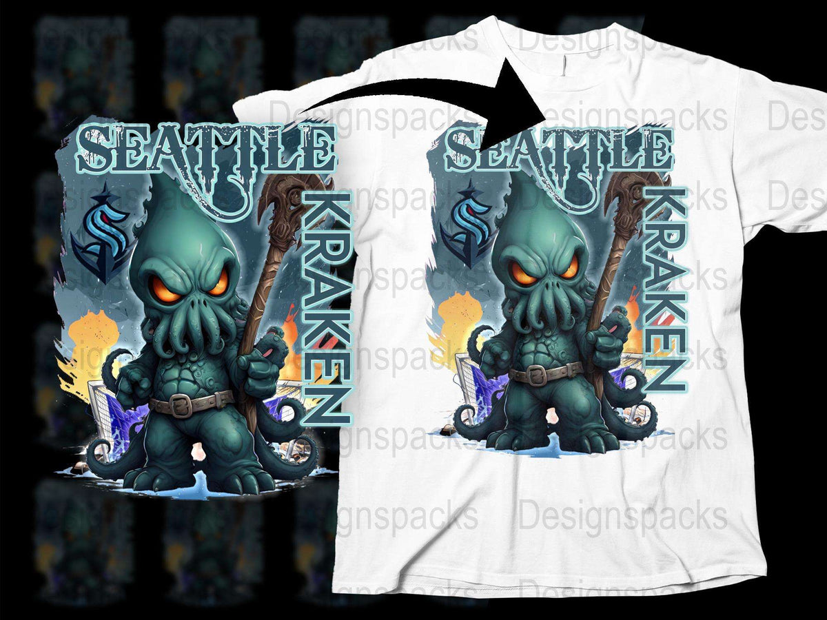 Seattle Kraken T-Shirt, Mystical Sea Monster Graphic Tee, Octopus Creature, Navy Blue and White