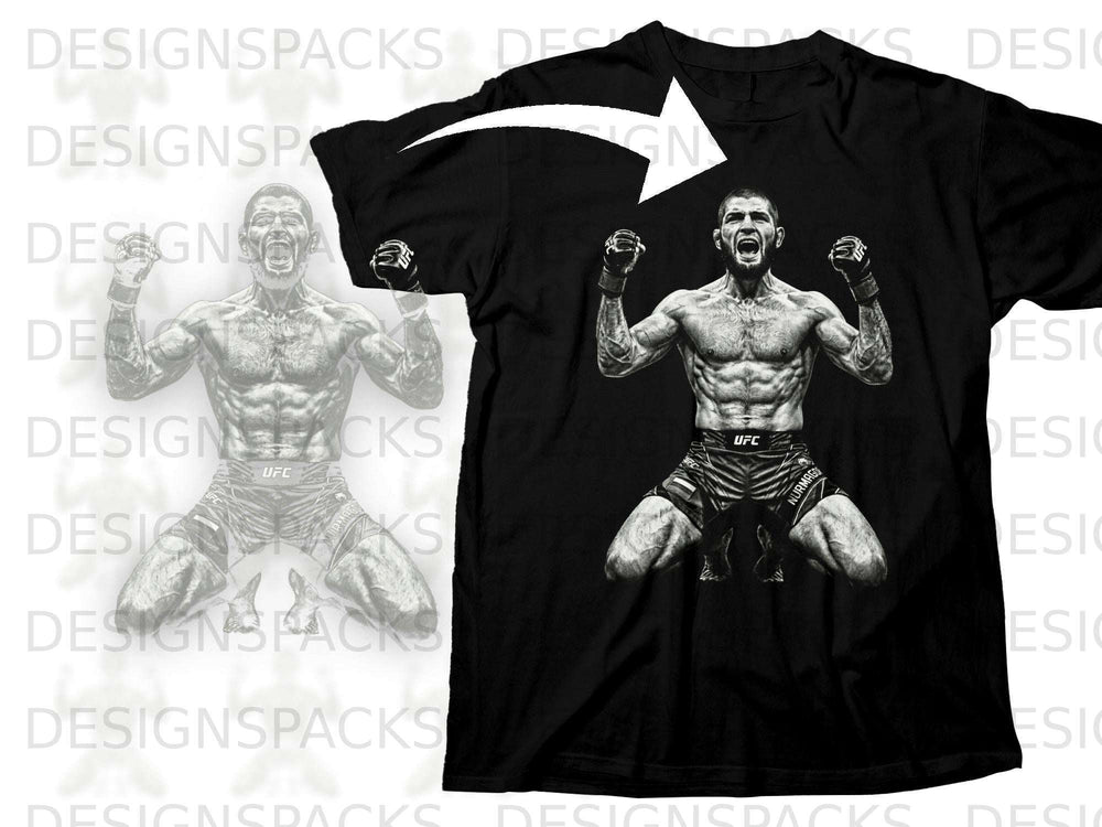 Black t-shirt with a graphic of a fighter in fight shorts and gloves.