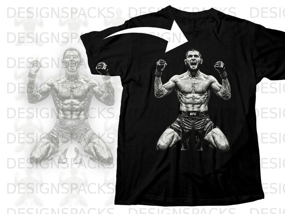 Black t-shirt with a graphic of a fighter in fight shorts and gloves.
