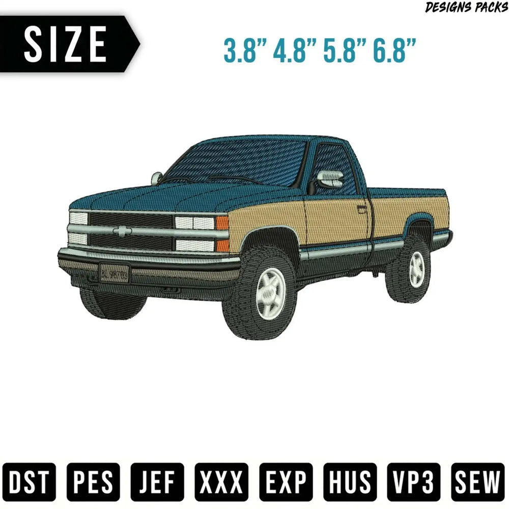 Vintage pickup truck embroidery design with size and file format options.