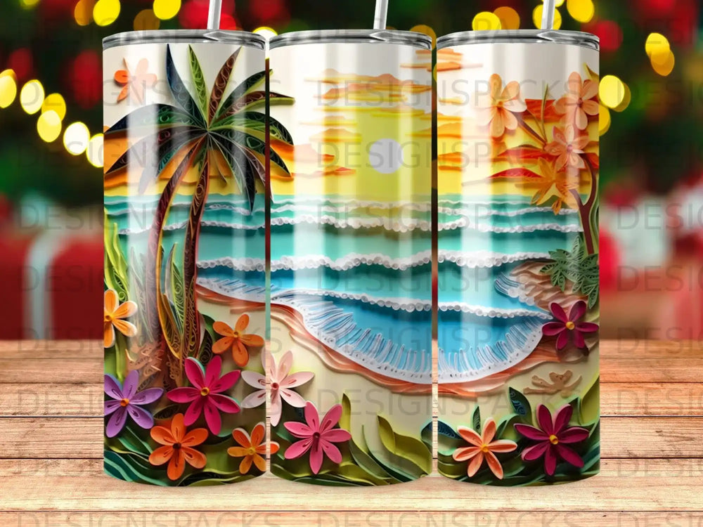 Tropical beach scene with palm trees, ocean waves, and colorful paper flowers.