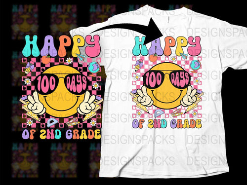 Happy 100 Days of 2nd Grade T-Shirt, Colorful Kids Celebration Tee, Smiley Face School Shirt