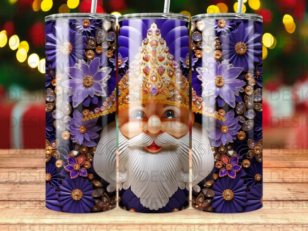 Santa Claus adorned with purple flowers and gold embellishments on a tumbler.