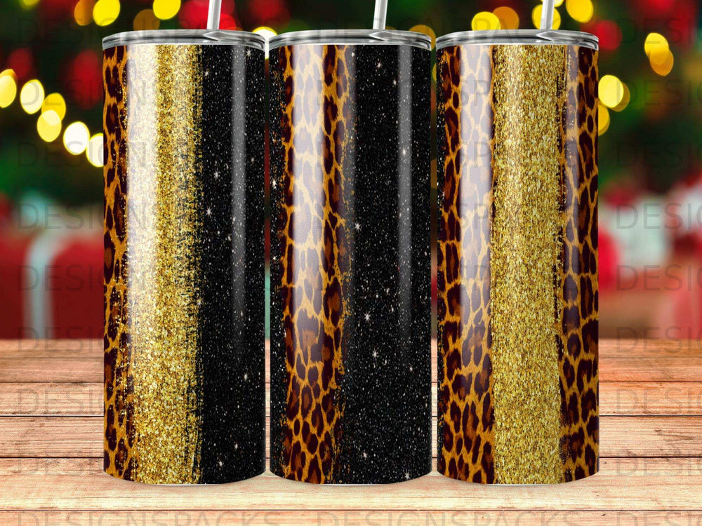 Three tumblers with leopard print, black glitter, and gold glitter designs.