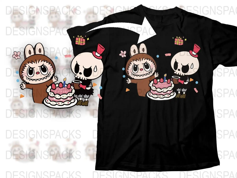 Cute Animal Birthday Party T-Shirt, Cartoon Hedgehog and Skull, Kids Black Tee with Colorful Design, Fun Gift Idea