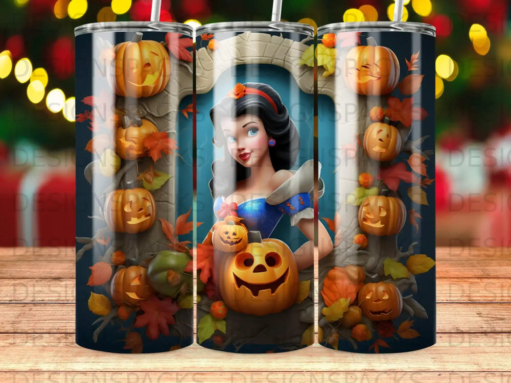 Snow White surrounded by pumpkins and autumn foliage in a whimsical forest scene.