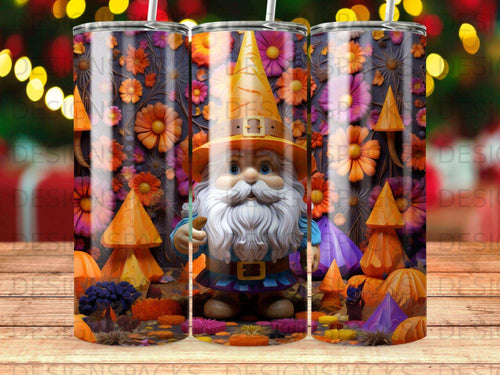 Gnome with orange hat and purple flowers, on a patterned tumbler.