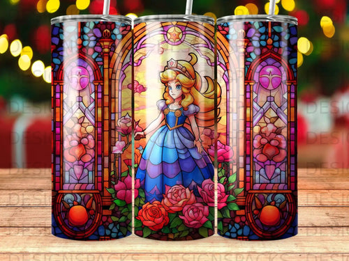 Stained glass design of a princess surrounded by roses.